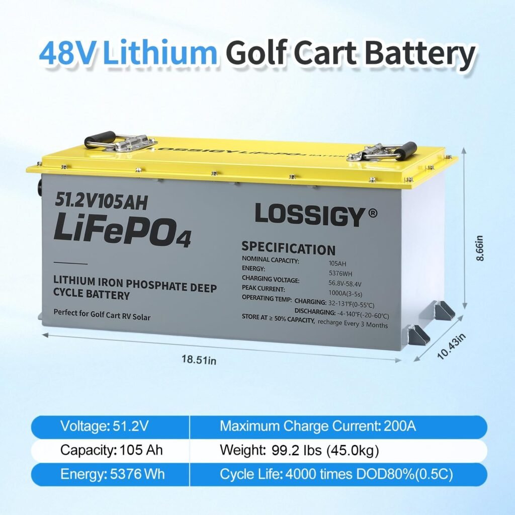 48V Lithium Golf Cart Battery, LiFePO4 Battery with 200A BMS, Peak Current 1000A(3-5S), Includes 18A Charger, Bluetooth APP Touch Monitor, Perfect for Golf Carts, RV(105Ah) 48V Lithium Golf Cart Battery, LiFePO4 Battery with 200A BMS, Peak Current 1000A(3-5S), Includes 18A Charger, Bluetooth APP Touch Monitor, Perfect for Golf Carts, RV(105Ah)