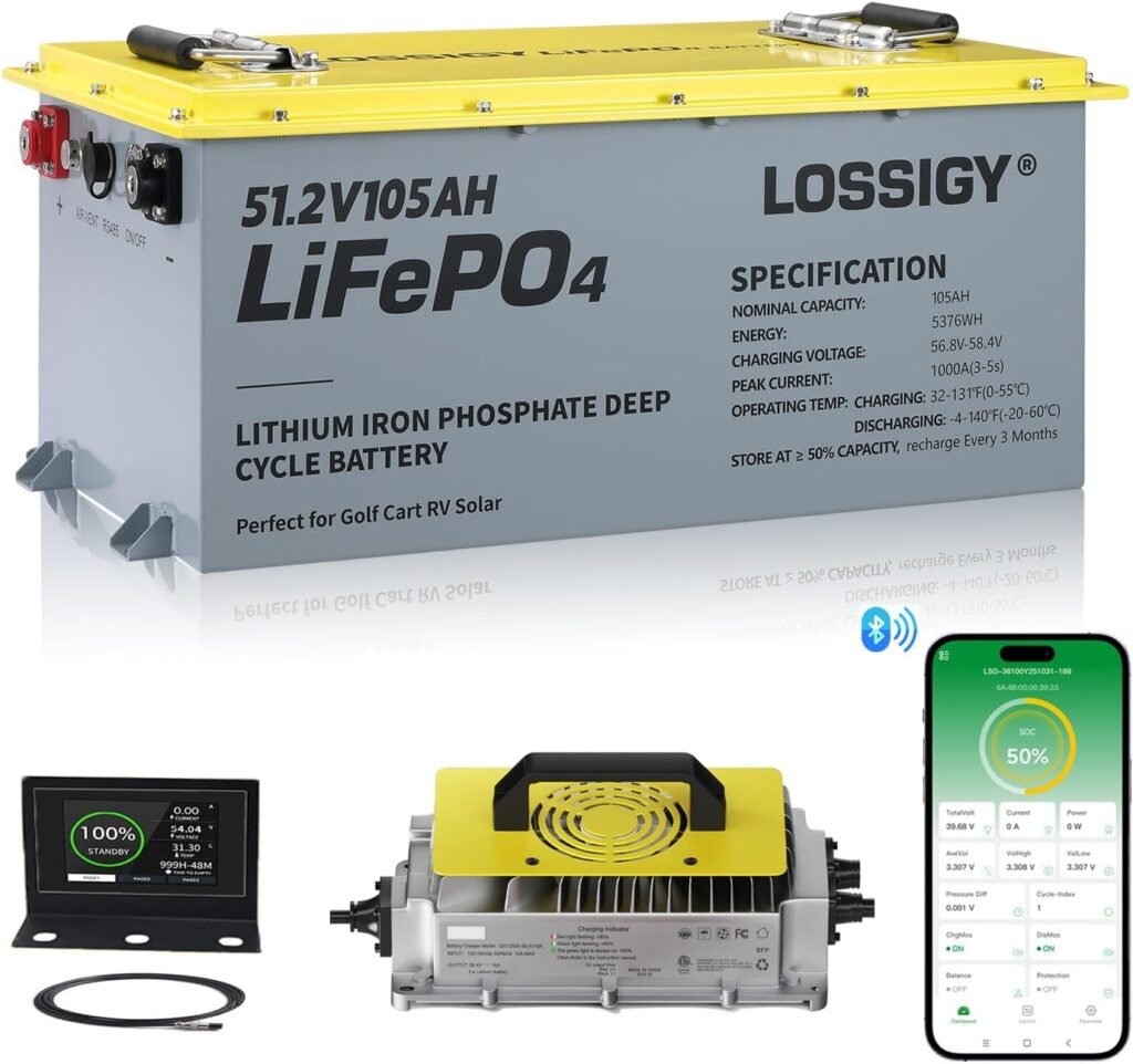 48V Lithium Golf Cart Battery, LiFePO4 Battery with 200A BMS, Peak Current 1000A(3-5S), Includes 18A Charger, Bluetooth APP Touch Monitor, Perfect for Golf Carts, RV(105Ah) 48V Lithium Golf Cart Battery, LiFePO4 Battery with 200A BMS, Peak Current 1000A(3-5S), Includes 18A Charger, Bluetooth APP Touch Monitor, Perfect for Golf Carts, RV(105Ah)